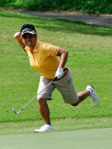 Lovelynn Guioguio reacts after salvaging a par on the par-5 No. 5 and staying in the title hunt with a 68