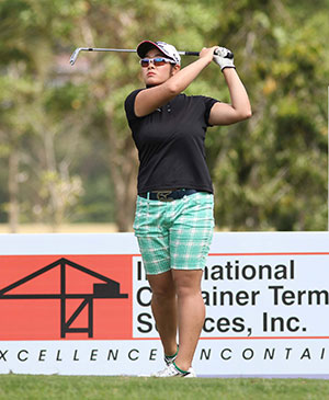 Fumika Kawagishi of Japan hits her tee-shot on the par-3 No. 8