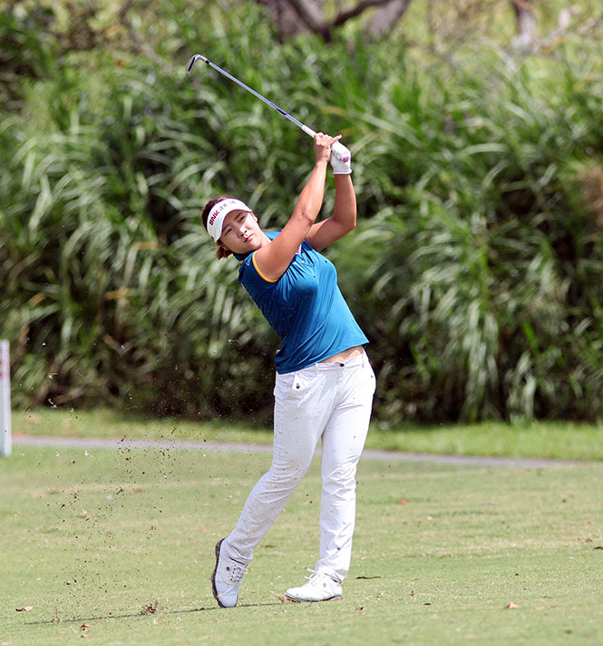 Korean Lee Jeong-hwa hits her approach shot on the par-5 No. 9