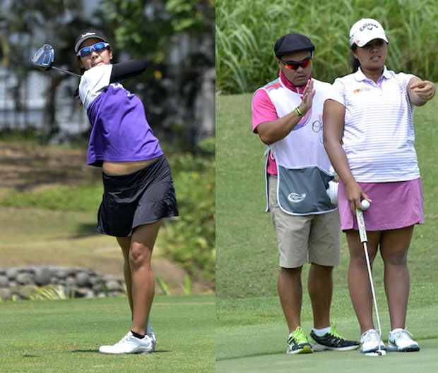 Amateur Sam Martirez (left) flashes awesome form off the mound. Mia Piccio (right) and her caddie check the line of her putt on No. 3