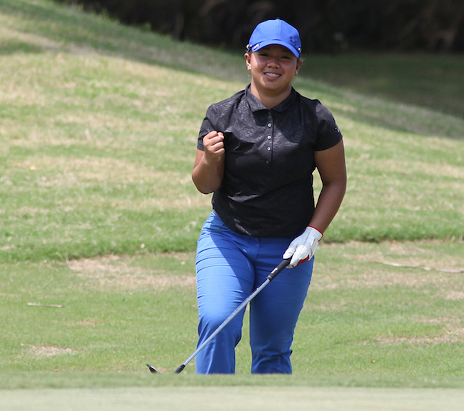 Harmie Constantino reacts after a chip-in birdie on No. 10